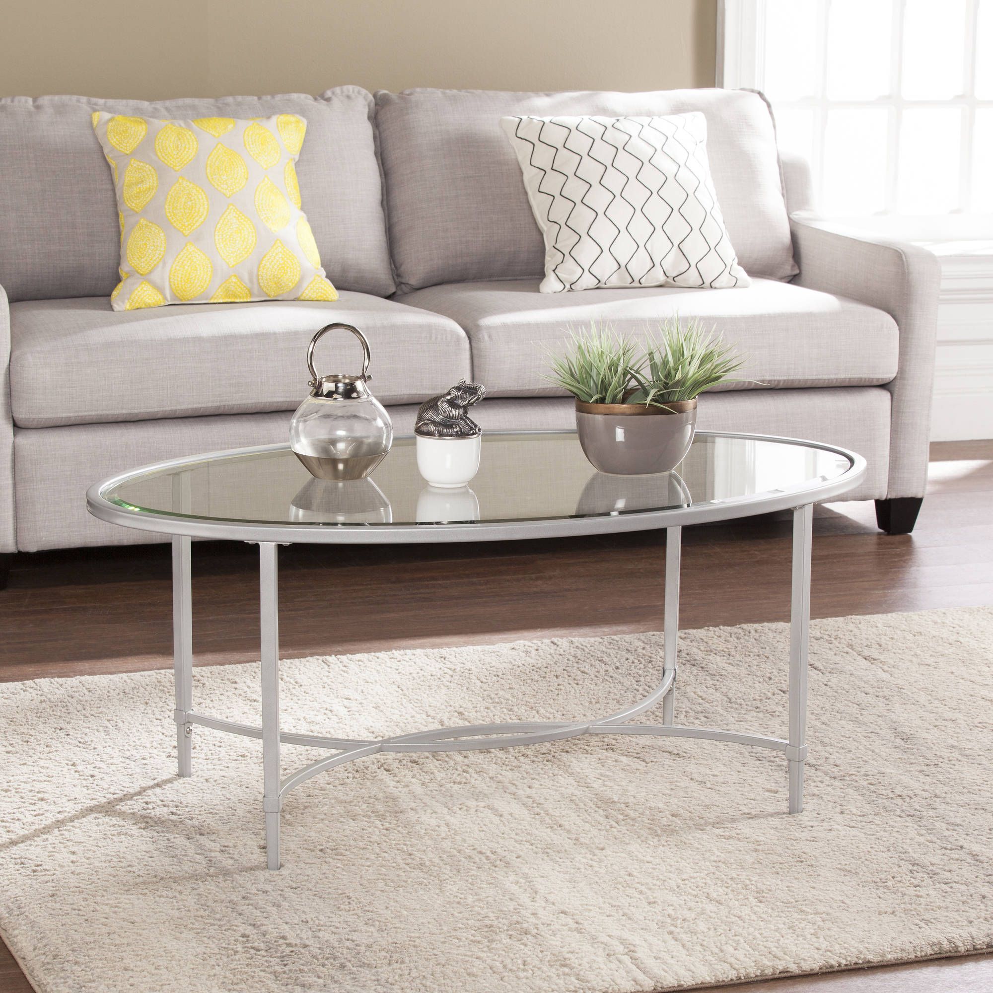 Quibilah Metal/glass Oval Coffee Table, Silver – Walmart With Preferred Metallic Silver Cocktail Tables (Gallery 7 of 20)