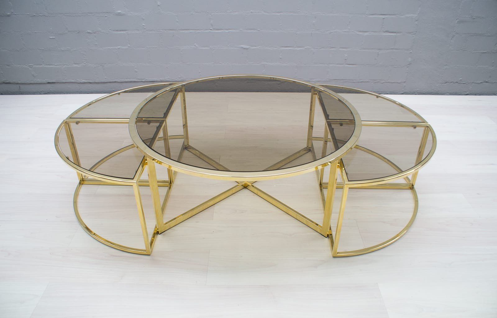 Recent Antique Gold Nesting Coffee Tables With Hollywood Regency Brass & Smoked Glass Nesting Coffee (View 4 of 20)