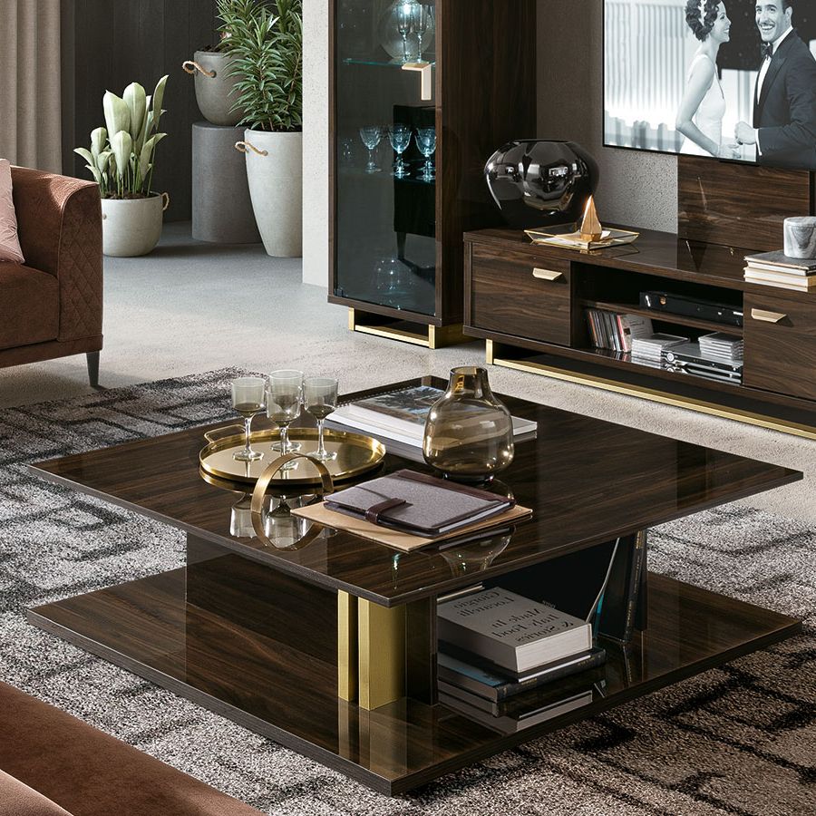 Roma Walnut & Gold Square Coffee Table – Lycroft Interiors Inside Well Known White Grained Wood Hexagonal Coffee Tables (Gallery 1 of 20)