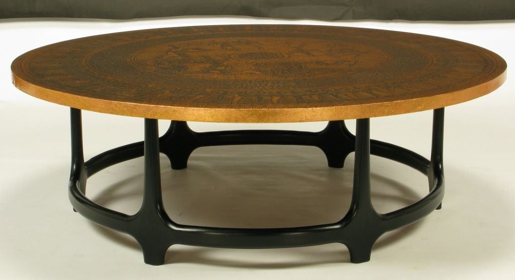 Round Copper Leaf Relief And Ebonized Walnut Coffee Table Regarding Most Current Leaf Round Coffee Tables (View 6 of 20)
