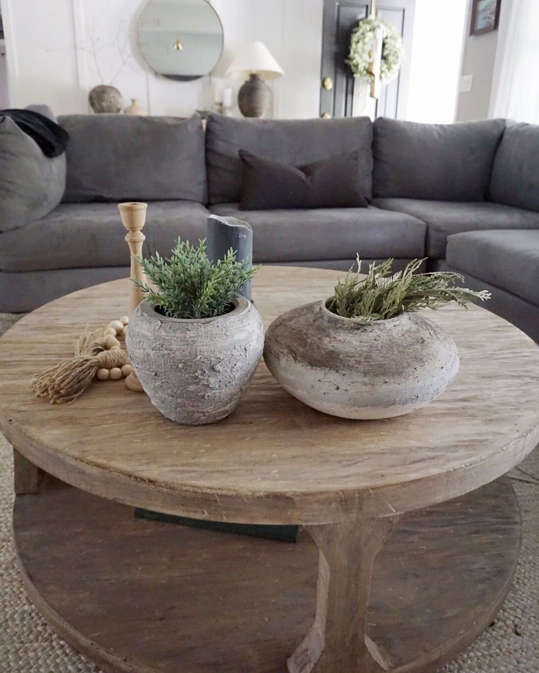 Round Wooden Coffee Table With Diy Rustic Pottery And Grey Regarding Latest Smoke Gray Wood Square Coffee Tables (Gallery 19 of 20)