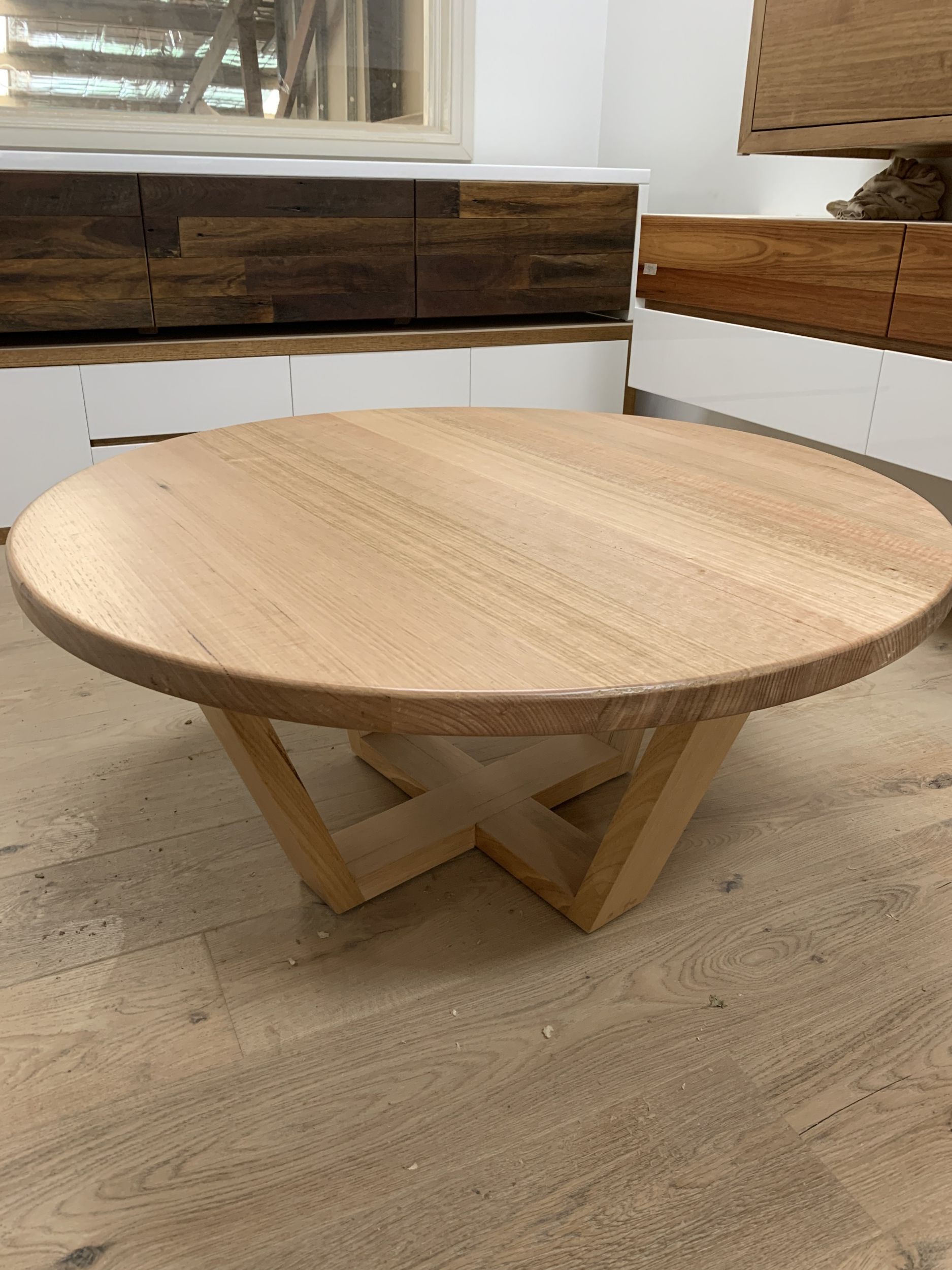 Tassie Oak Cross Round Coffee Table – Australian Made With 2020 Metal Legs And Oak Top Round Coffee Tables (Gallery 5 of 20)