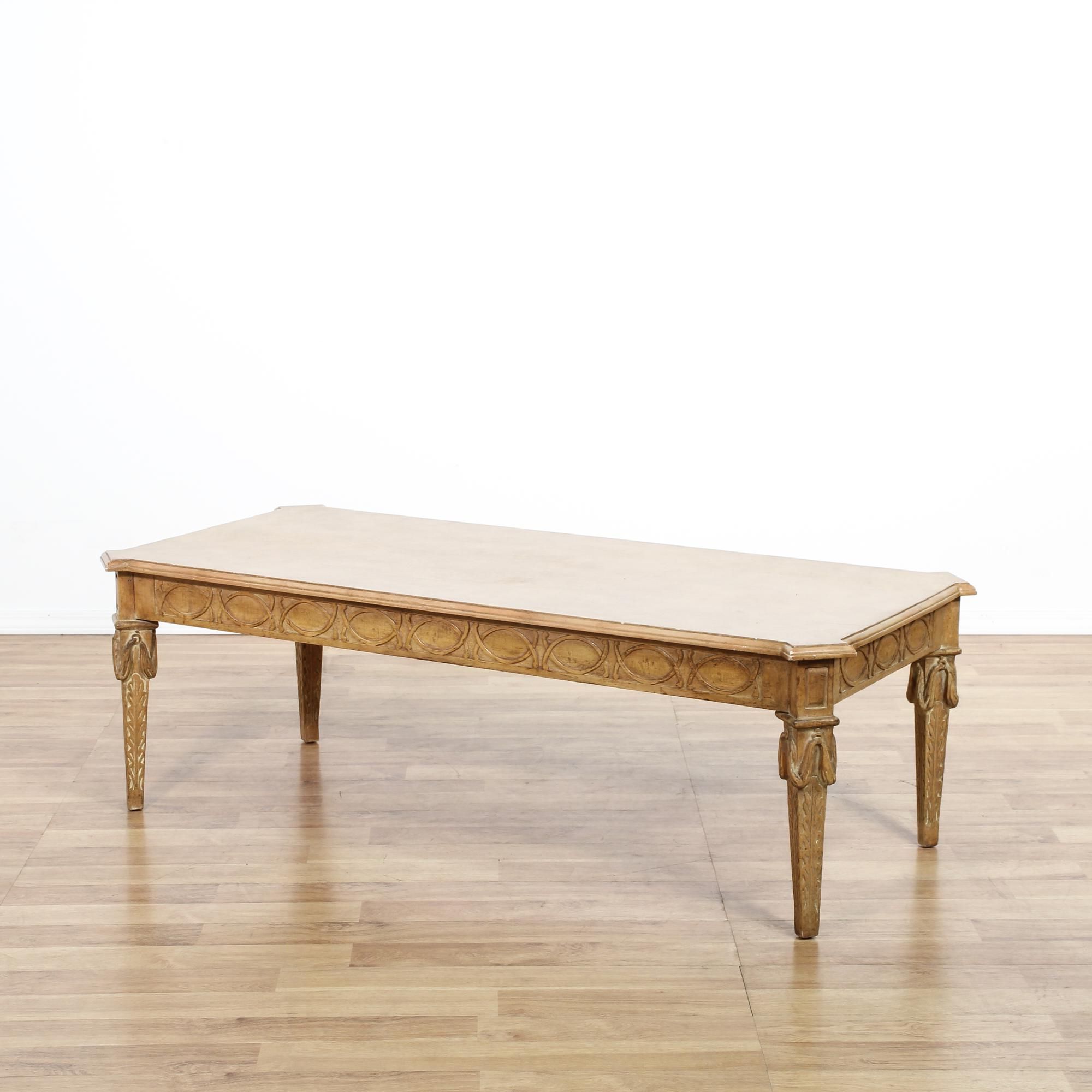 This Carved Coffee Table Is Featured In A Solid Wood With Within 2020 Oceanside White Washed Coffee Tables (View 3 of 20)
