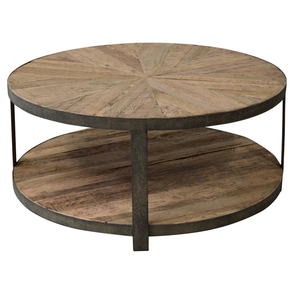 Trendy Black And Oak Brown Coffee Tables Within Cayden Rustic Lodge Brown Oak Iron Base Round Coffee Table (View 18 of 20)