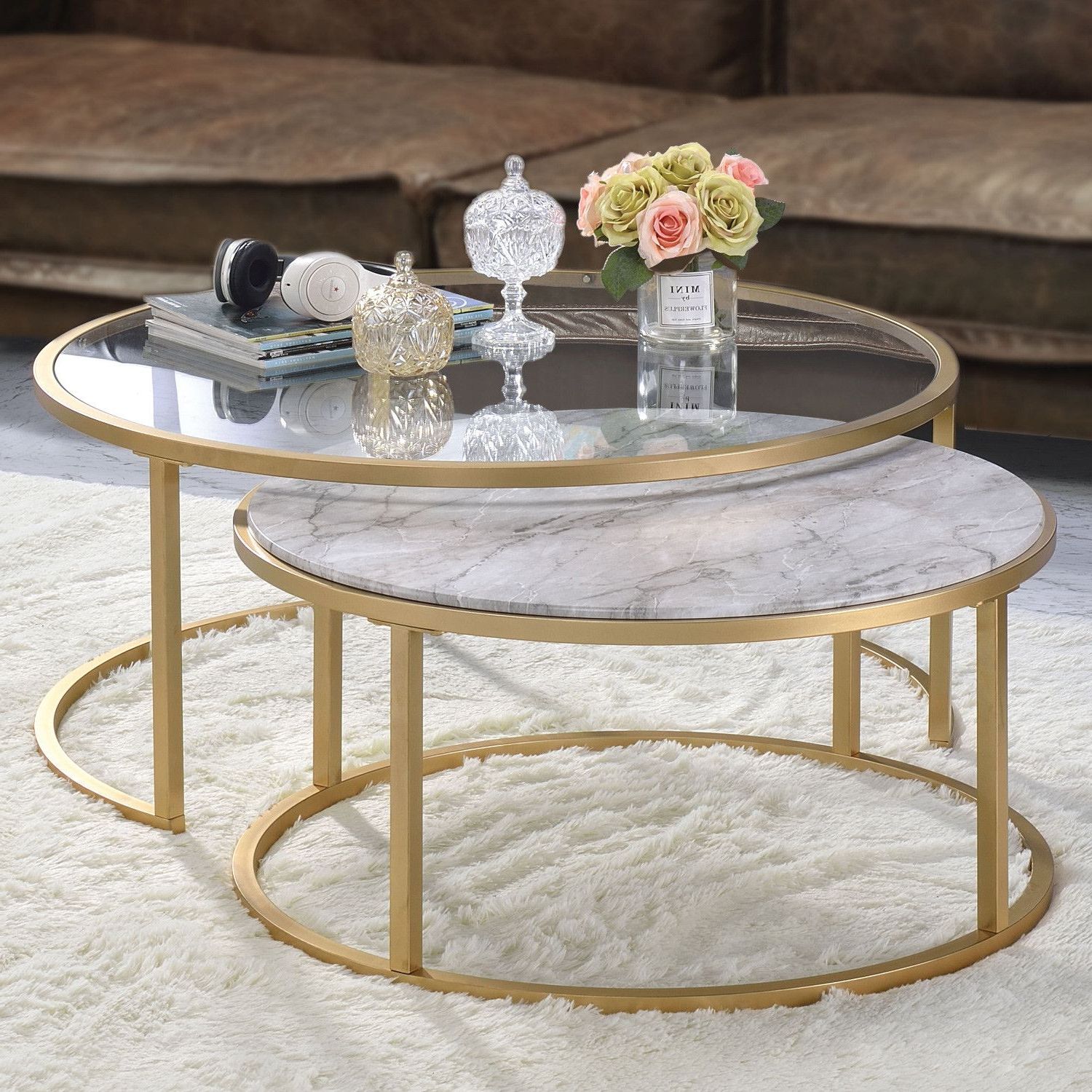 Trendy Geometric Glass Top Gold Coffee Tables Inside Gold And Glass Nesting Coffee Tables : The Leo Coffee (Gallery 10 of 20)
