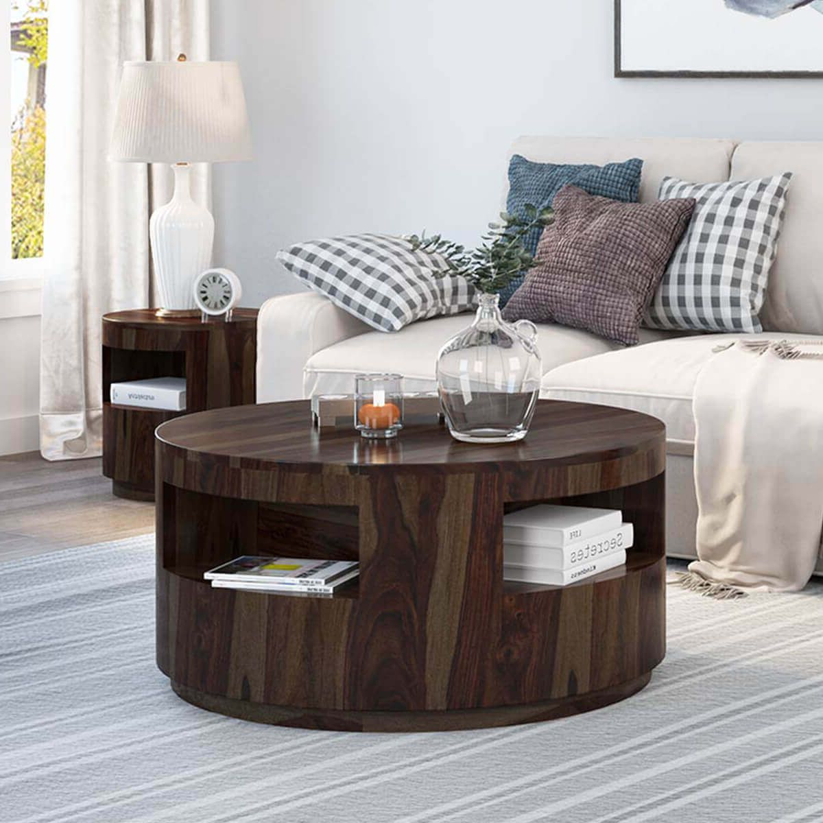 Trendy Wood Coffee Tables Throughout Ladonia Rustic Solid Wood Round Coffee Table With Shelves (View 7 of 20)