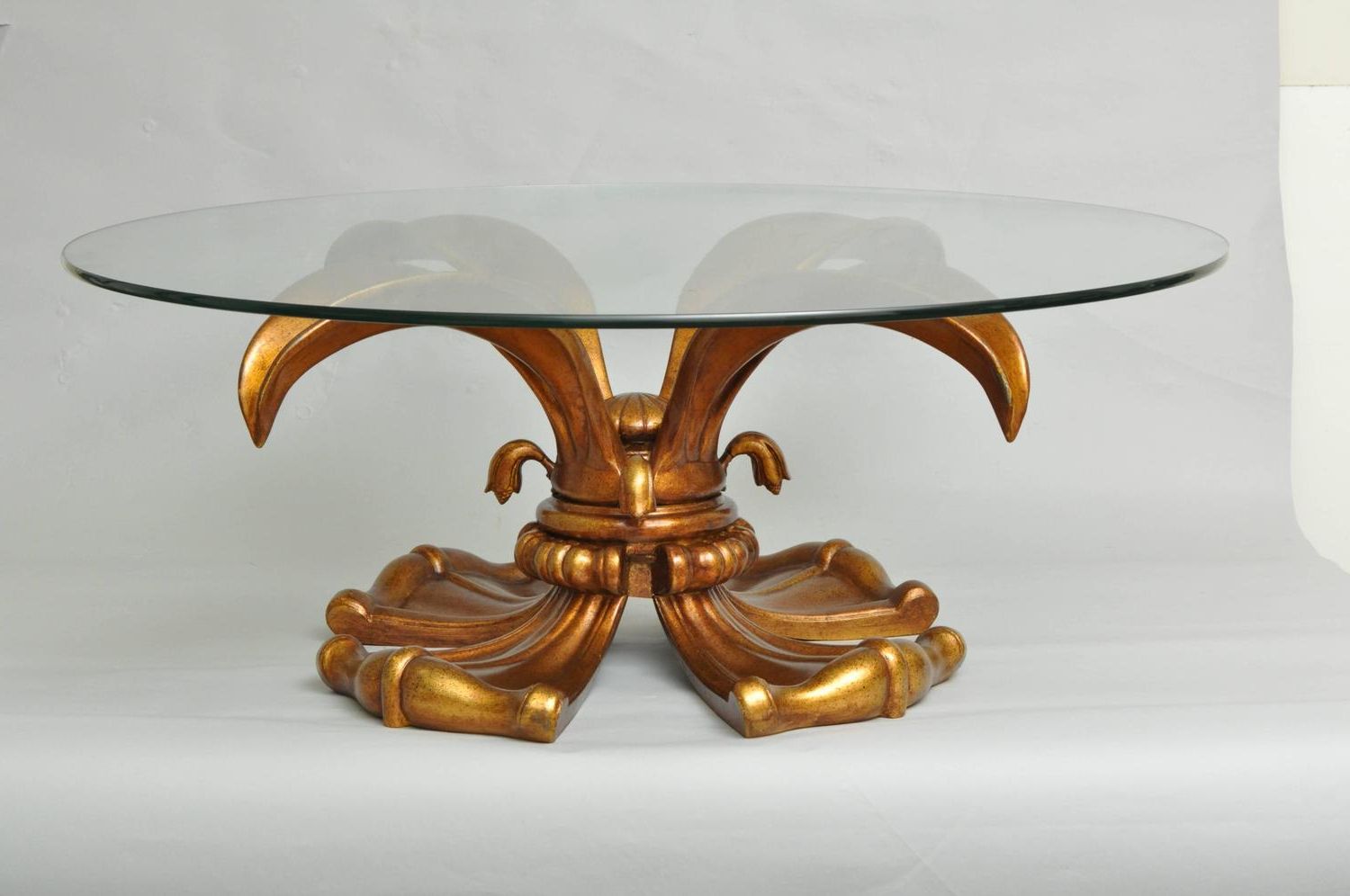 Vintage Hollywood Regency Gold Lotus Lily Round Coffee Inside Most Recently Released Antique Gold And Glass Coffee Tables (Gallery 20 of 20)