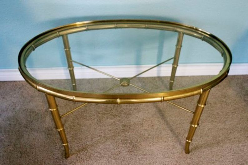 Vintage Mastercraft Brass Oval Cocktail Table Glass Top Pertaining To 2020 Antique Brass Round Cocktail Tables (View 14 of 20)