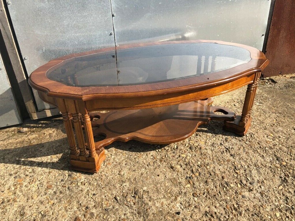 Vintage Retro Regency Oval Solid Wood Coffee Table With Within Widely Used Antique Blue Wood And Gold Coffee Tables (View 3 of 20)