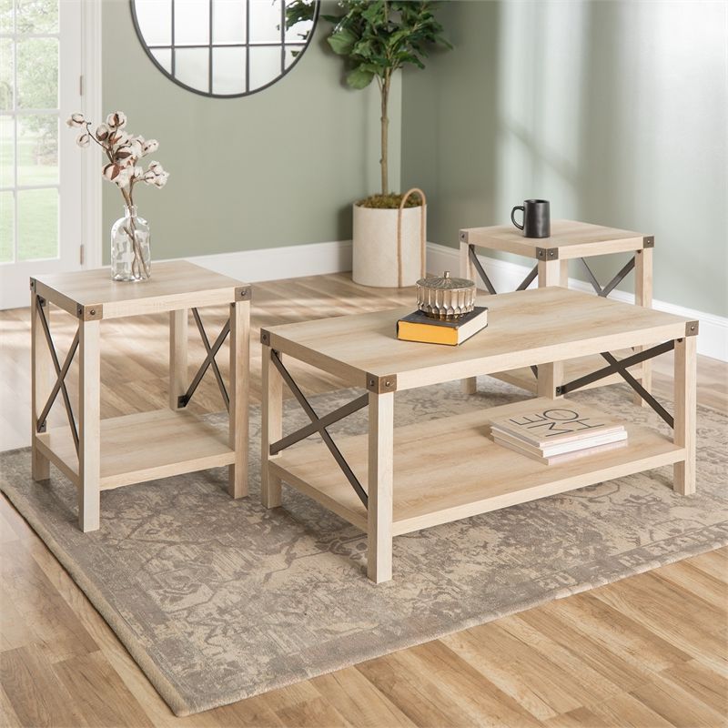 Walker Edison 3 Piece Rustic Wood And Metal Coffee Table Inside Fashionable Rustic Oak And Black Coffee Tables (View 18 of 20)
