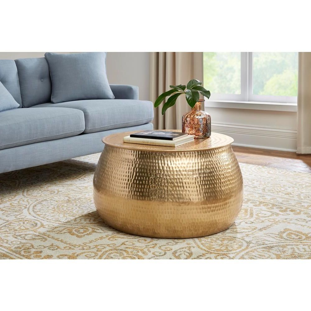 Well Known Antique Gold Aluminum Coffee Tables Within Home Decorators Collection Calluna Round Gold Metal Coffee (Gallery 8 of 20)