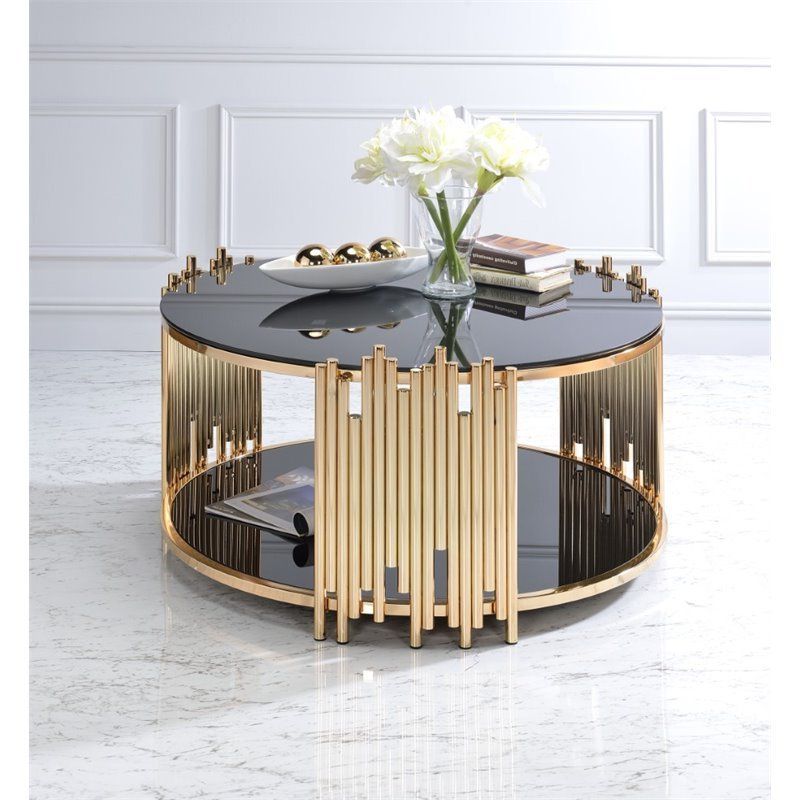 Well Known Black Round Glass Top Cocktail Tables In Acme Tanquin Round Glass Top Coffee Table In Black And (View 15 of 20)