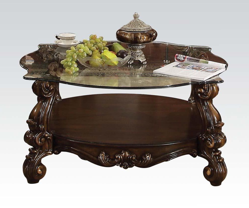 Well Known Glass And Pewter Coffee Tables Regarding Cherry Oak Clear Glass Top Coffee Table Classic Acme (View 16 of 20)