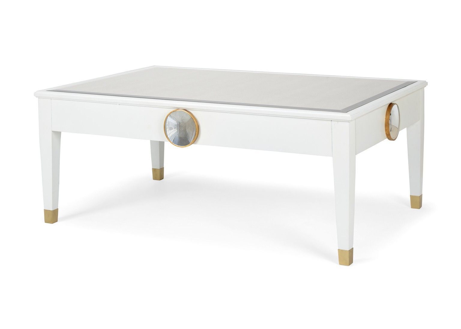 White Cocktail Table With Brass Edged Mirror Accent And For Well Liked Antique Mirror Cocktail Tables (View 10 of 20)