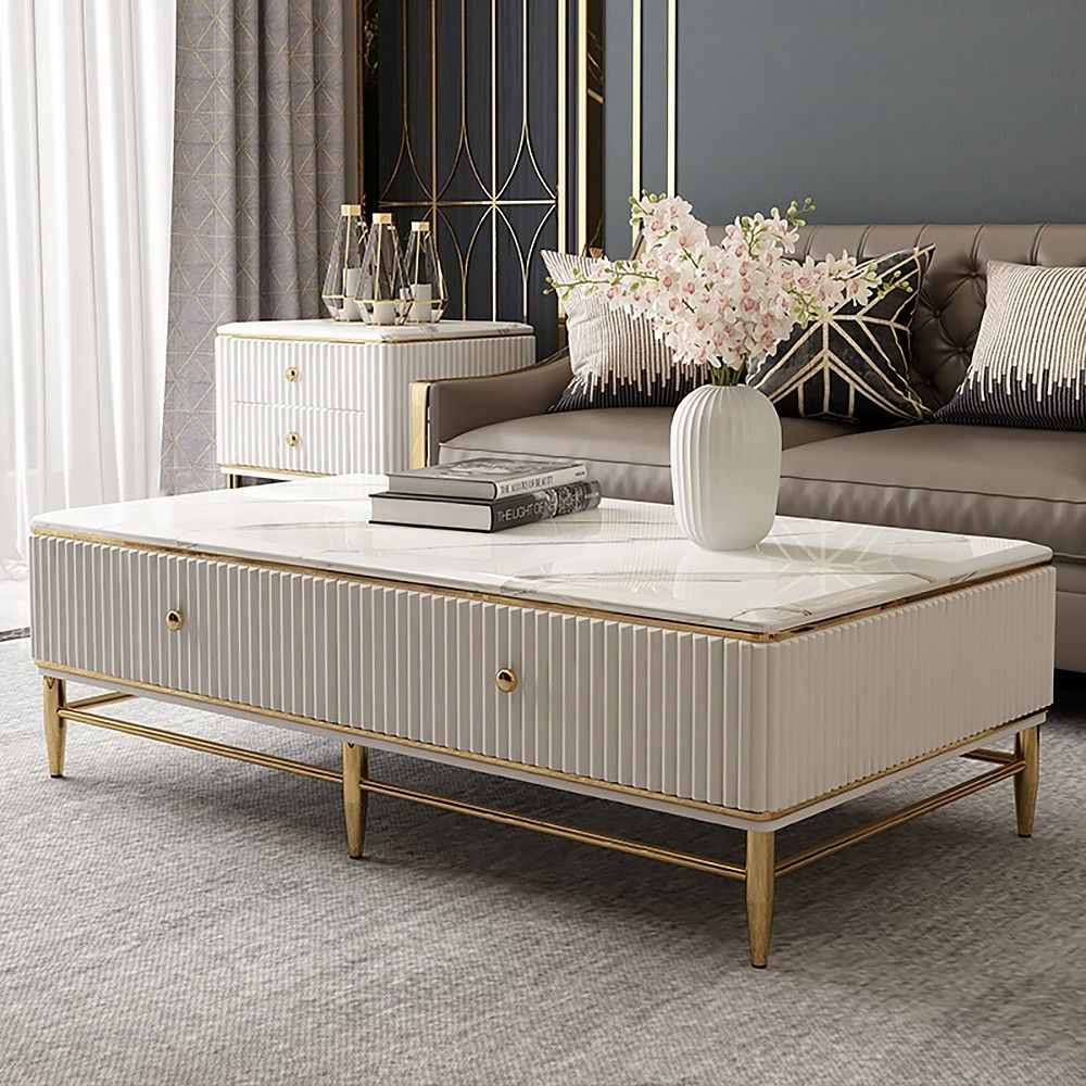 White Faux Marble Rectangle Coffee Table In Gold With Pertaining To Favorite Antiqued Gold Rectangular Coffee Tables (Gallery 20 of 20)