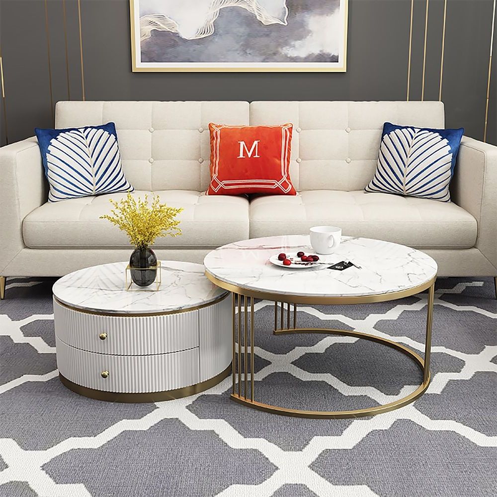 White Round Coffee Table With Storage Faux Marble Top Regarding 2019 2 Piece Modern Nesting Coffee Tables (Gallery 3 of 20)