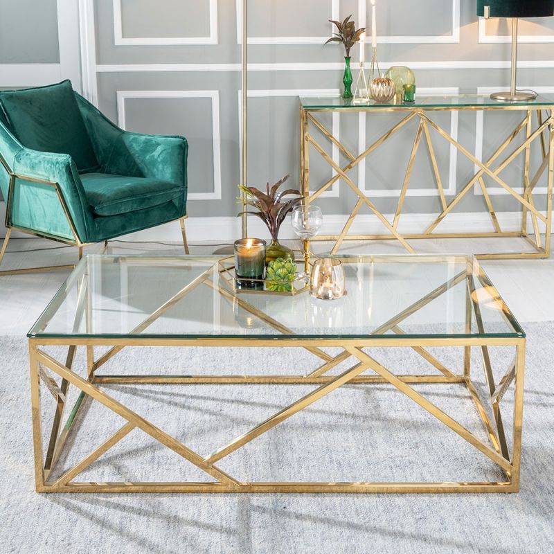 Widely Used Geometric Glass Top Gold Coffee Tables In Urban Deco Maze Coffee Table – Glass And Stainless Steel (Gallery 1 of 20)