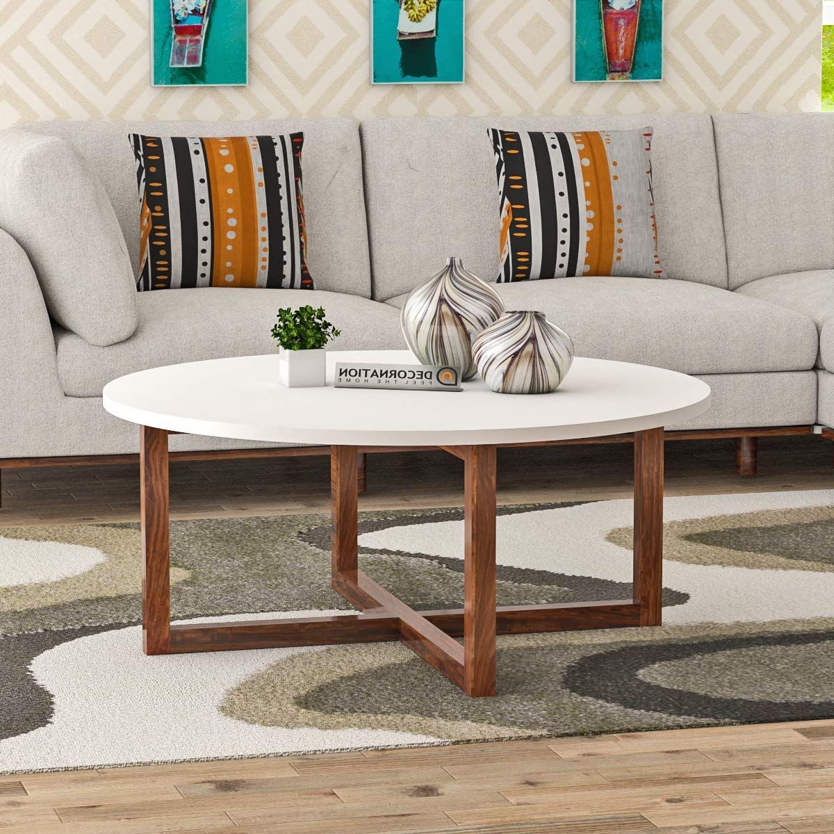 Wooden Mdf Round Coffee Table With Solid Wood Legs – White Regarding Trendy Wood Coffee Tables (View 17 of 20)