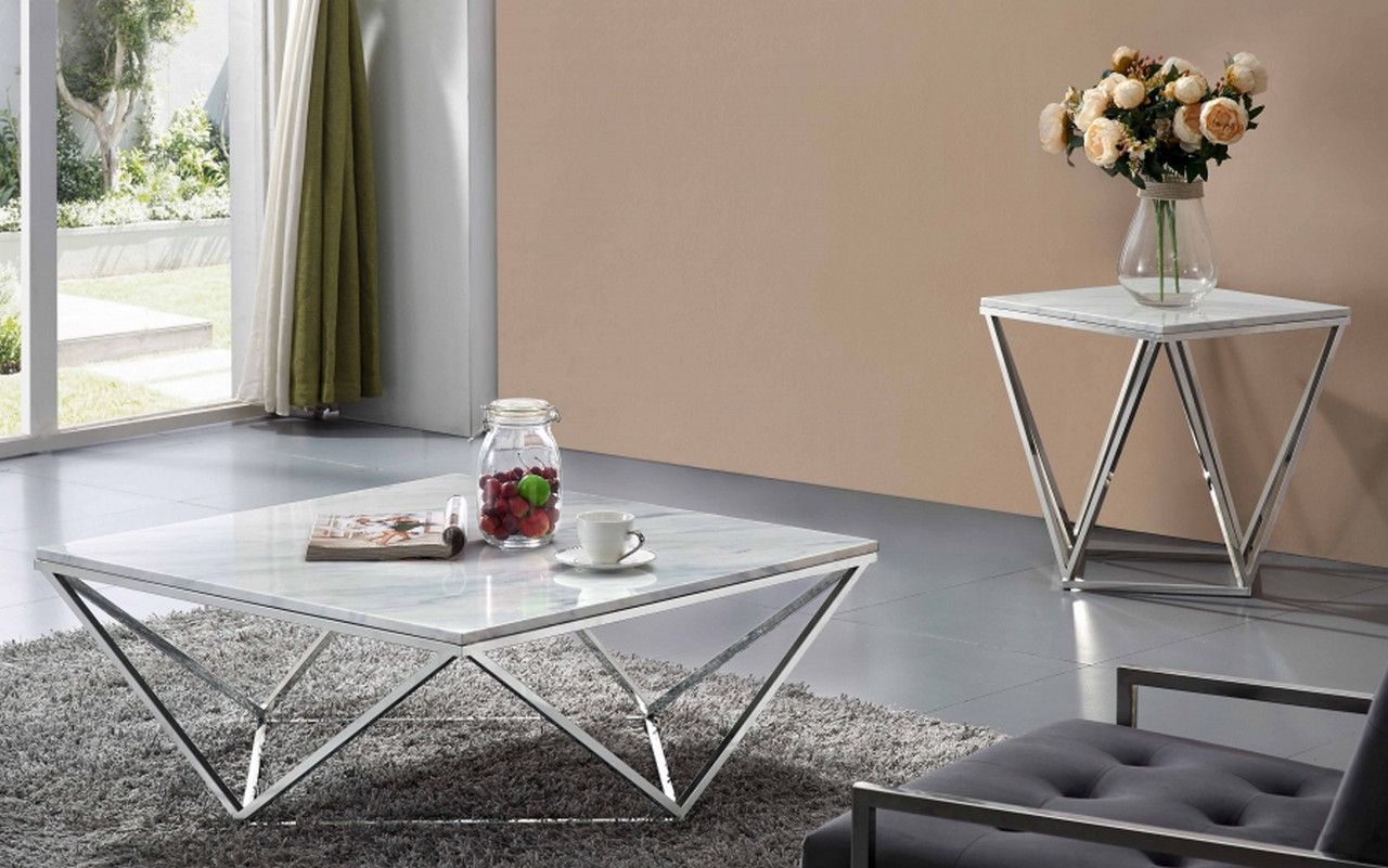 Xavier Modern Marble Top Coffee Table With Geometric In Fashionable Silver Stainless Steel Coffee Tables (Gallery 7 of 20)
