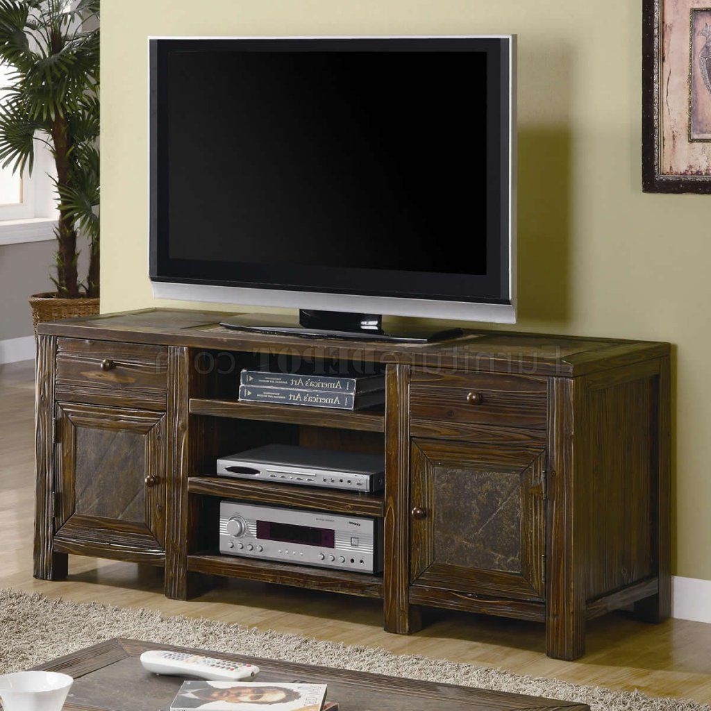 Distressed Brown Oak Finish Classic Tv Stand W/slate Inserts For Priya Tv Stands (Gallery 19 of 21)