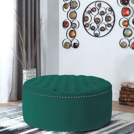 100cm Round Frosted Velvet Ottoman Footstool, Dark Green Regarding Textured Green Round Pouf Ottomans (View 4 of 20)