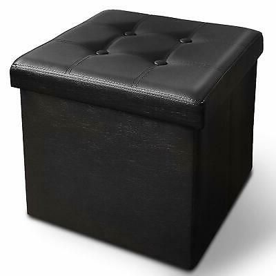 15" Folding Storage Ottoman Pvc Leather Square Cube Foot Rest Stool Regarding Black Faux Leather Cube Ottomans (View 1 of 17)