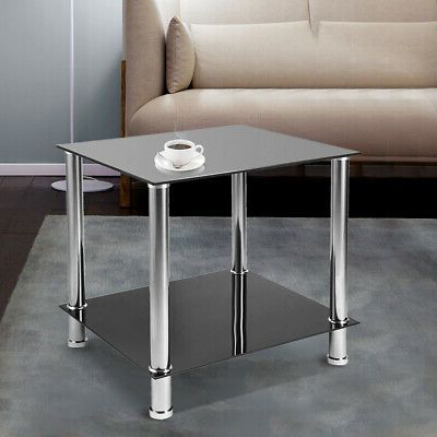2 Tier Glass Sofa Side End Table Shelf Black Chrome Coffee Tea Desk Pertaining To Dark Coffee Bean Console Tables (View 3 of 20)