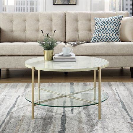 32 Inch Round Coffee Table With White Faux Marble And Gold Legs In Metallic Gold Modern Console Tables (View 16 of 20)