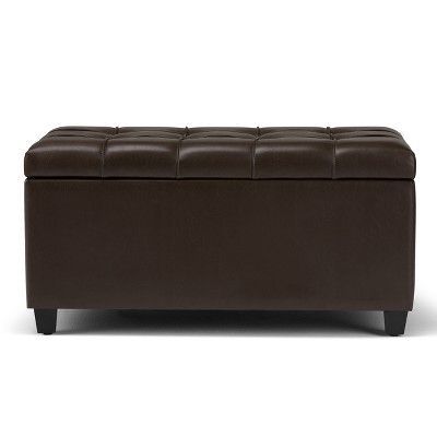 34" Marlowe Storage Ottoman Bench Chocolate Brown Faux Leather With Brown Faux Leather Tufted Round Wood Ottomans (Gallery 20 of 20)