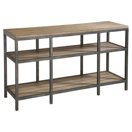 391. Three Tier Console Table With A Metal Frame And Planked Wood Throughout Gray Wood Black Steel Console Tables (Gallery 19 of 20)