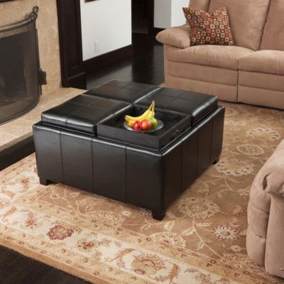 4 Tray Top Black Leather Storage Ottoman Coffee Table | Cube Storage With Black Leather Ottomans (View 3 of 20)