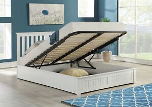4ft Small Double Wooden Gas Lift Up Ottoman Storage Bed Frame In White Pertaining To Gray And White Fabric Ottomans With Wooden Base (View 7 of 20)