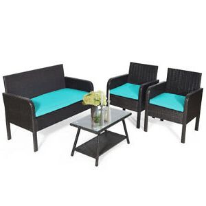 4pcs Patio Rattan Wicker Furniture Set Conversation Sofa Bench Cushion With Regard To Wicker Console Tables (View 5 of 18)