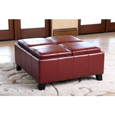 Abbyson Living Trapani Red Leather Square Ottoman With 4 Trays Within Green Fabric Square Storage Ottomans With Pillows (View 12 of 20)