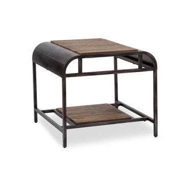 Acacia Wood Square Top Bottom Shelf Black Metal Frame End Table | End Regarding Square Matte Black Console Tables (View 4 of 20)