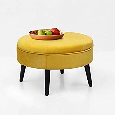 Adeco Round Ottoman Tufted Footstool – 23 Inch (sunset Yellow In Fabric Tufted Round Storage Ottomans (View 10 of 20)