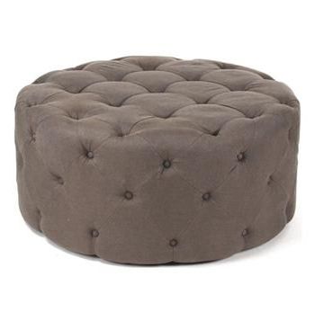 Amalia French Country Brown Linen Button Tufted Ottoman In 2021 | Round With Brown And Gray Button Tufted Ottomans (View 13 of 20)