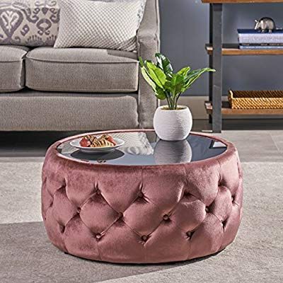 Amazon: Ivy Glam Velvet And Tempered Glass Coffee Table Ottoman With White And Blush Fabric Square Ottomans (View 12 of 20)