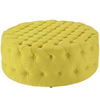 Amour Button Tufted Fabric Round Ottoman In Sunny | Fabric Ottoman Inside Tufted Fabric Ottomans (View 3 of 20)