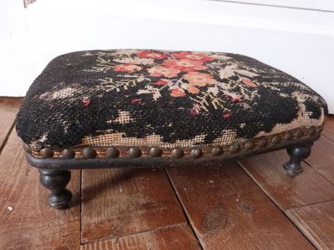 Antique French 1800s Needlepoint Footstoolmyfrenchantiqueshop, $195 Pertaining To Green Canvas French Chateau Square Pouf Ottomans (View 4 of 20)