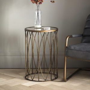 Antique Gold Round Side Table With Vintage Mirror Top | Primrose & Plum Pertaining To Antique Brass Aluminum Round Console Tables (View 12 of 20)
