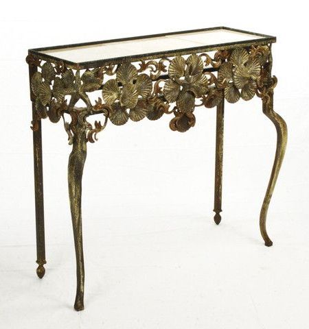 Antique Metal Seashell Console Table | Metal Table, Beachy Decor Inside Antiqued Gold Leaf Console Tables (View 13 of 20)