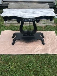 Antique Victorian Mahogany Marble Top Lyre Console Table, Hand Painted Pertaining To Marble And White Console Tables (View 15 of 20)
