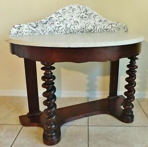 Antique/vtg 42" Wood Barley Twist Marble Top Half Circle Demilune With White Marble And Gold Console Tables (View 17 of 20)