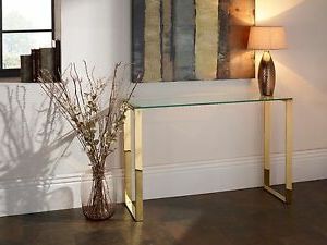 Asger Glass Top Console Table In Steel, Gold Or Rose Gold Metal Frame Pertaining To Walnut Wood And Gold Metal Console Tables (View 13 of 20)