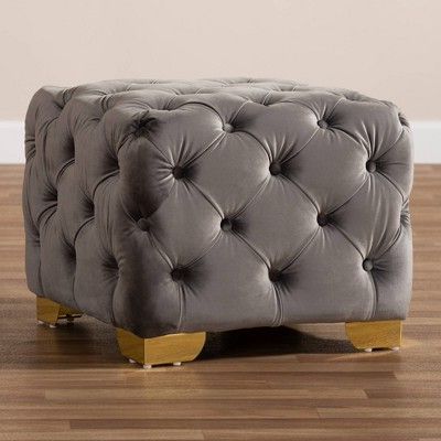 Avara Velvet Finished Button Tufted Ottoman Gray – Baxton Studio With Brown And Gray Button Tufted Ottomans (View 2 of 20)