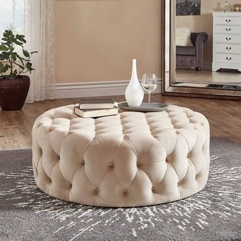 Beekman Place Velvet Button Tufted Round Cocktail Ottoman Oatmeal Brown With Regard To Beige Hemp Pouf Ottomans (View 5 of 20)
