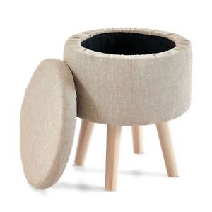 Beige Modern Round Storage Ottoman Foot Stool With Wooden Legs In Round Gold Faux Leather Ottomans With Pull Tab (View 7 of 20)