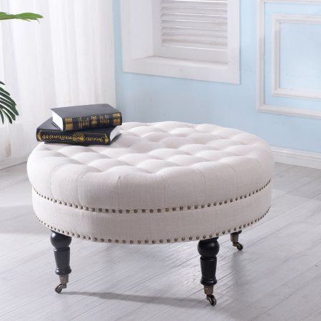 Belleze Beige Linen 33 Inch Tufted Round Accent Ottoman Foot Stool Intended For Wool Round Pouf Ottomans (View 1 of 20)