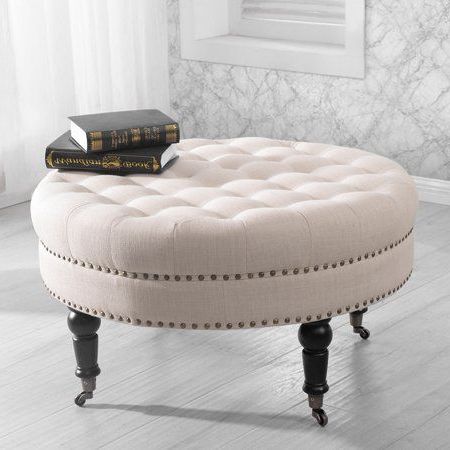 Belleze Beige Linen 33 Inch Tufted Round Accent Ottoman Foot Stool Pertaining To Cream Linen And Fir Wood Round Ottomans (View 14 of 20)
